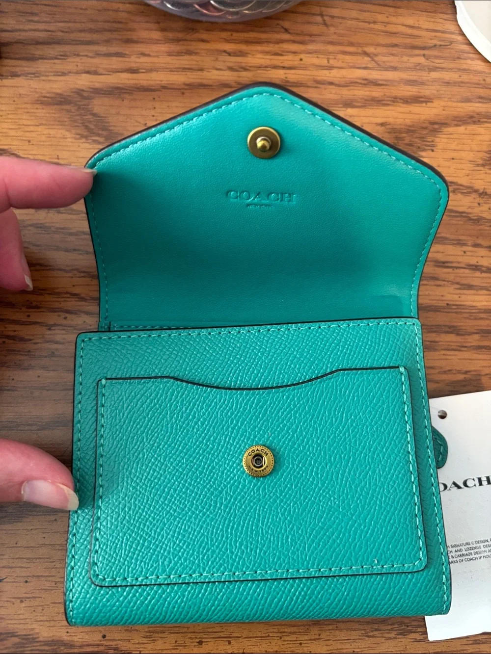 NWT Coach Teal Textured Leather Compact Wallet